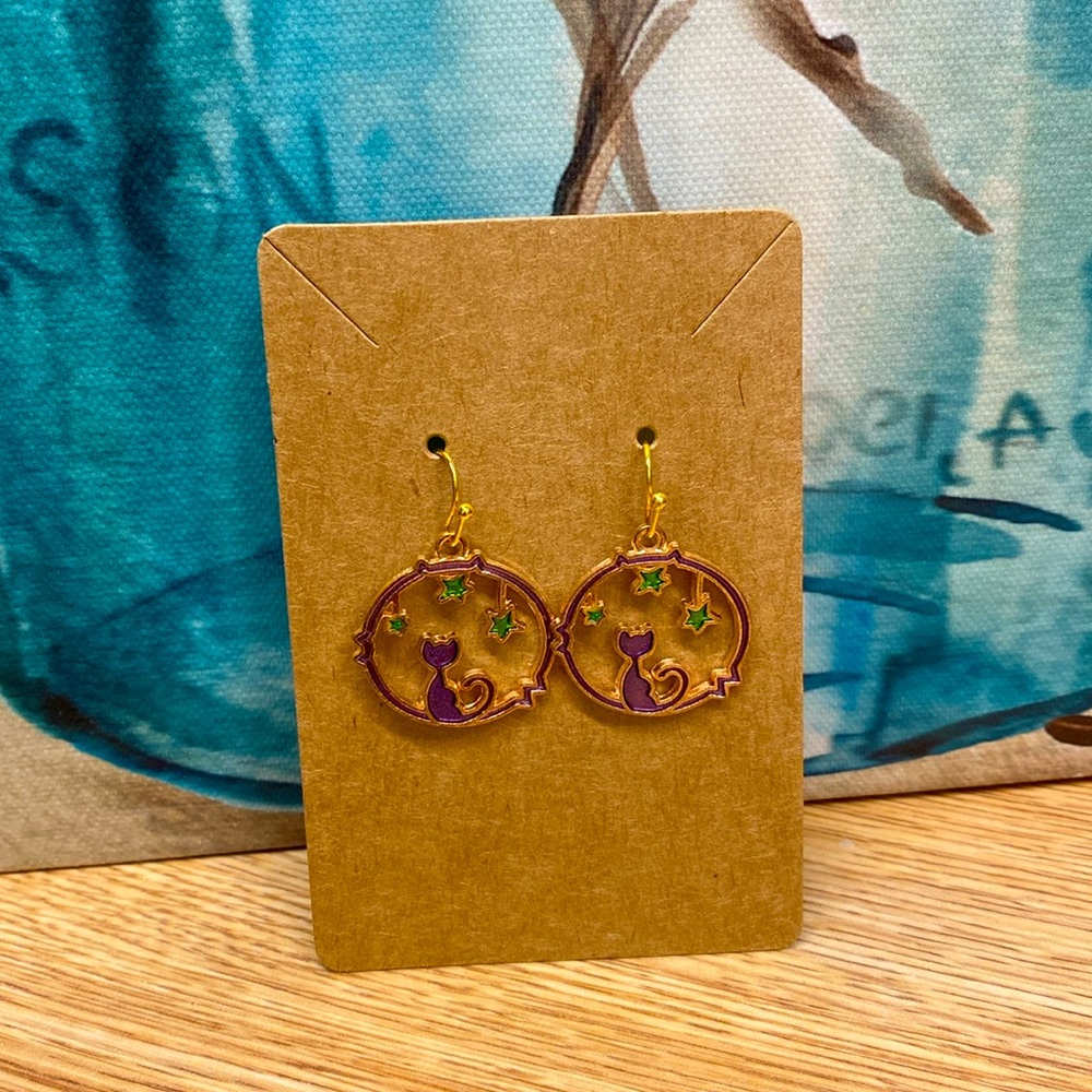 Earrings, gold fishhook, cat design